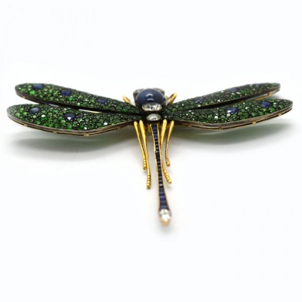 GREEN GARNET, DIAMOND, SAPPHIRE, SILVER AND GOLD DRAGONFLY BROOCH