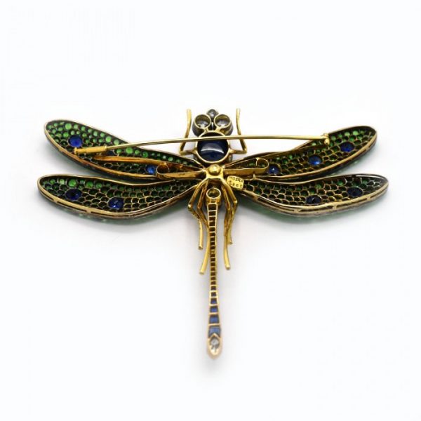 GREEN GARNET, DIAMOND, SAPPHIRE, SILVER AND GOLD DRAGONFLY BROOCH