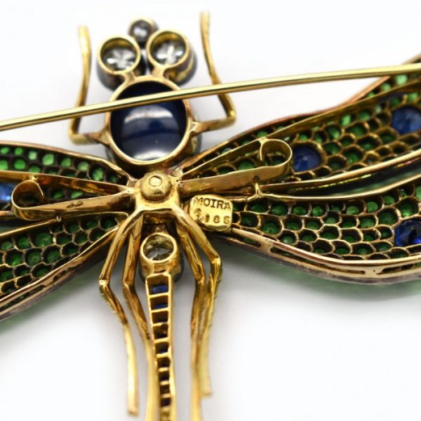 GREEN GARNET, DIAMOND, SAPPHIRE, SILVER AND GOLD DRAGONFLY BROOCH