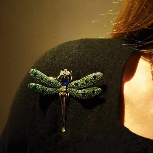 GREEN GARNET, DIAMOND, SAPPHIRE, SILVER AND GOLD DRAGONFLY BROOCH