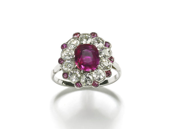 Burma Ruby Diamond Platinum Cluster Ring