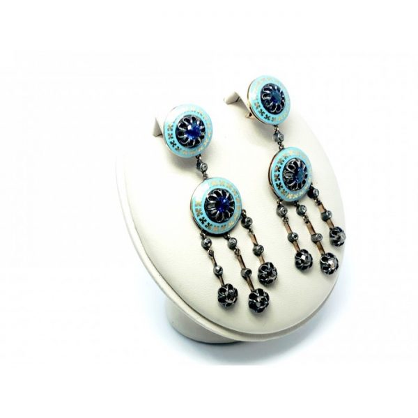 Vintage Enamel, Diamond & Sapphire Drop Earrings