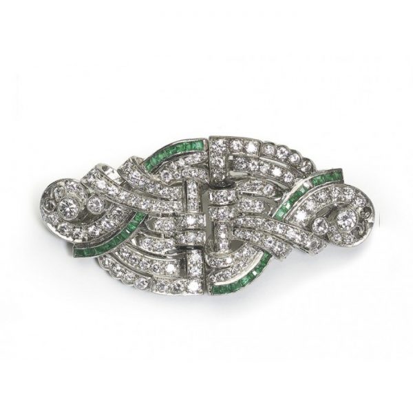 Antique Art Deco Emerald and Diamond Double Clip