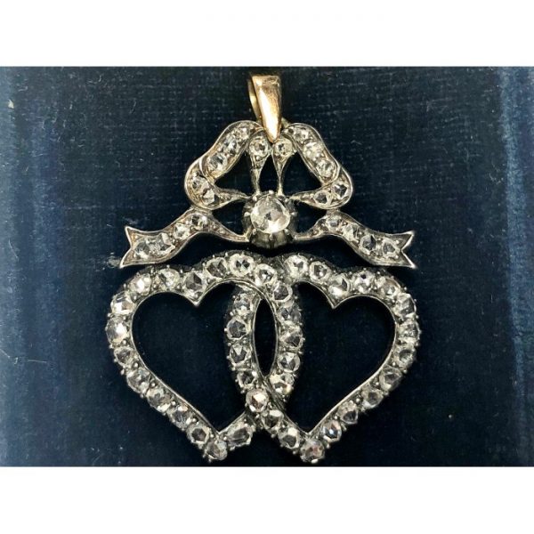 Antique Victorian Diamond Double Heart and Bow Pendant