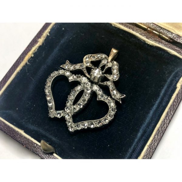 Antique Victorian Diamond Double Heart and Bow Pendant