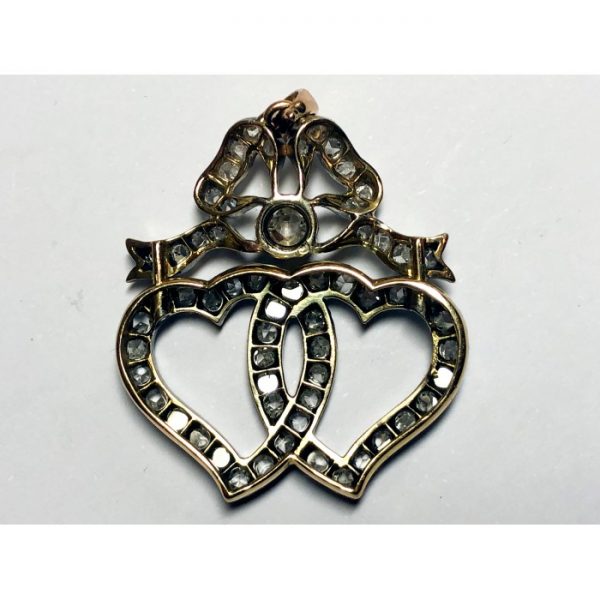 Antique Victorian Diamond Double Heart and Bow Pendant