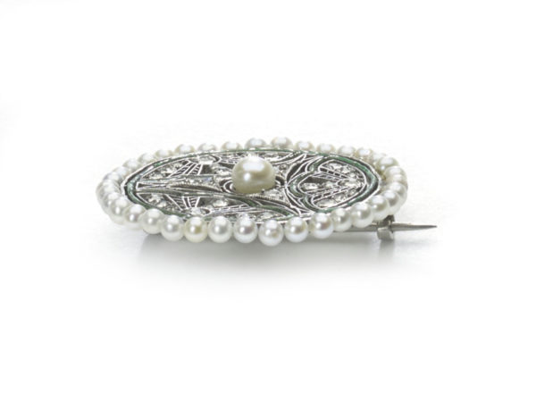 Antique Edwardian Basset & Moreau Pearl Diamond and Enamel Brooch