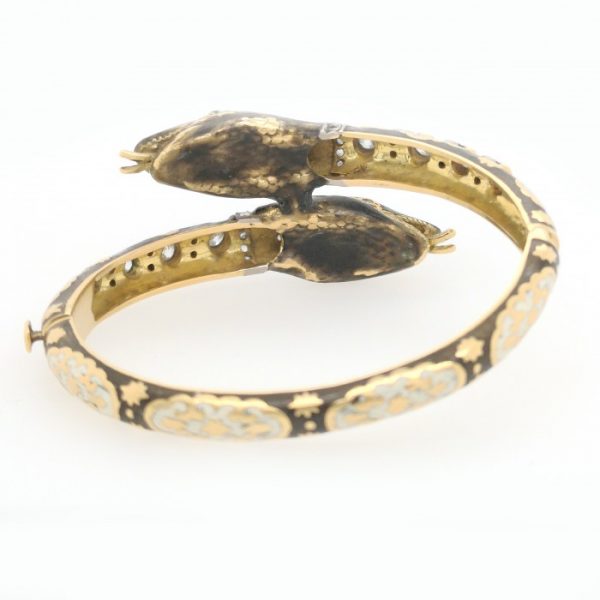 Enamel Diamond Gold Double Headed Snake Bangle Bracelet
