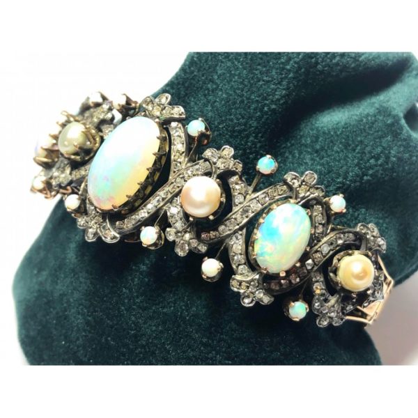 Pearl Opal Diamond Gold Bangle Bracelet