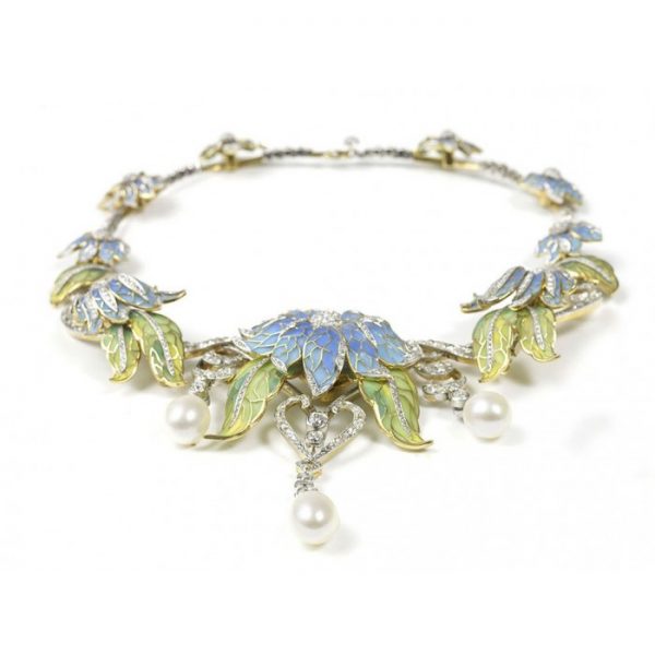 Plique-a-jour Enamel, Diamond and Pearl Flower Necklace