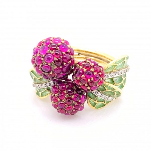 Ruby Diamond and Enamel Raspberry Ring in Yellow Gold