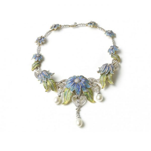 A plique-à-jour enamel flower necklace, with sky blue plique-à-jour enamel flowers, and green plique-à-jour leaves and old-cut and eight-cut diamonds.