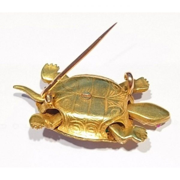 Antique Victorian Edmond Plisson Emerald Diamond Gold Turtle Brooch