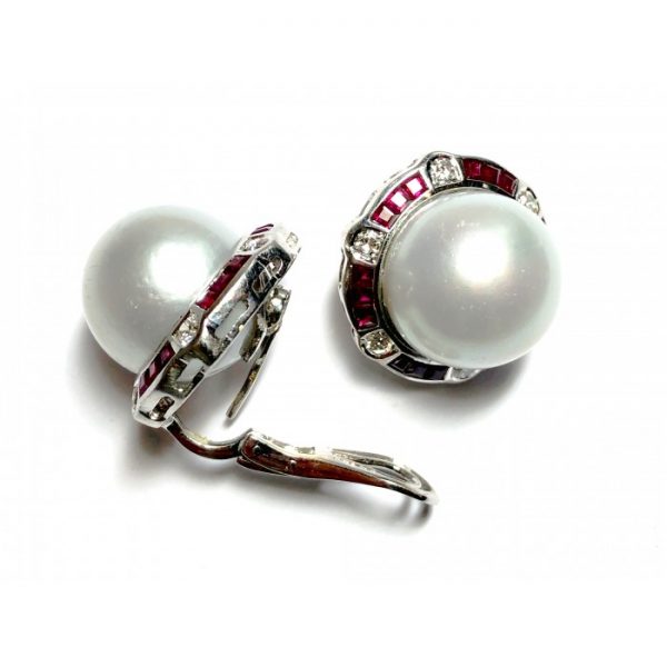 Pearl Ruby Diamond Platinum Earrings