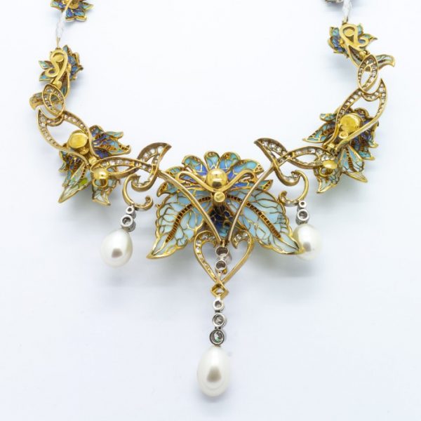 Plique-a-jour Enamel, Diamond and Pearl Flower Necklace
