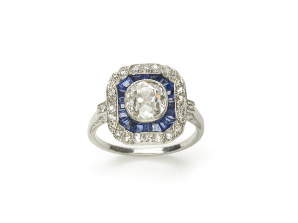 Art Deco Sapphire Diamond ring square cushion shape Platinum Ring