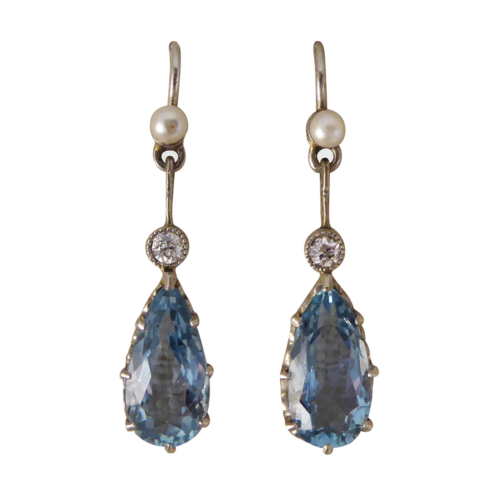 Art Deco Aquamarine Pearl and Diamond Drop Earrings in 18ct White Gold ...