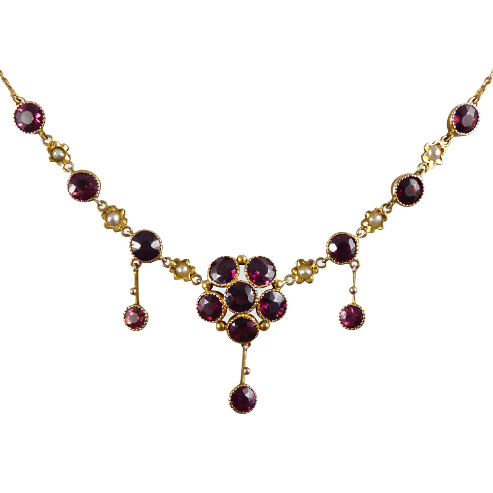 Edwardian Murrle Bennett Garnet and Pearl Necklace — Jewellery Discovery