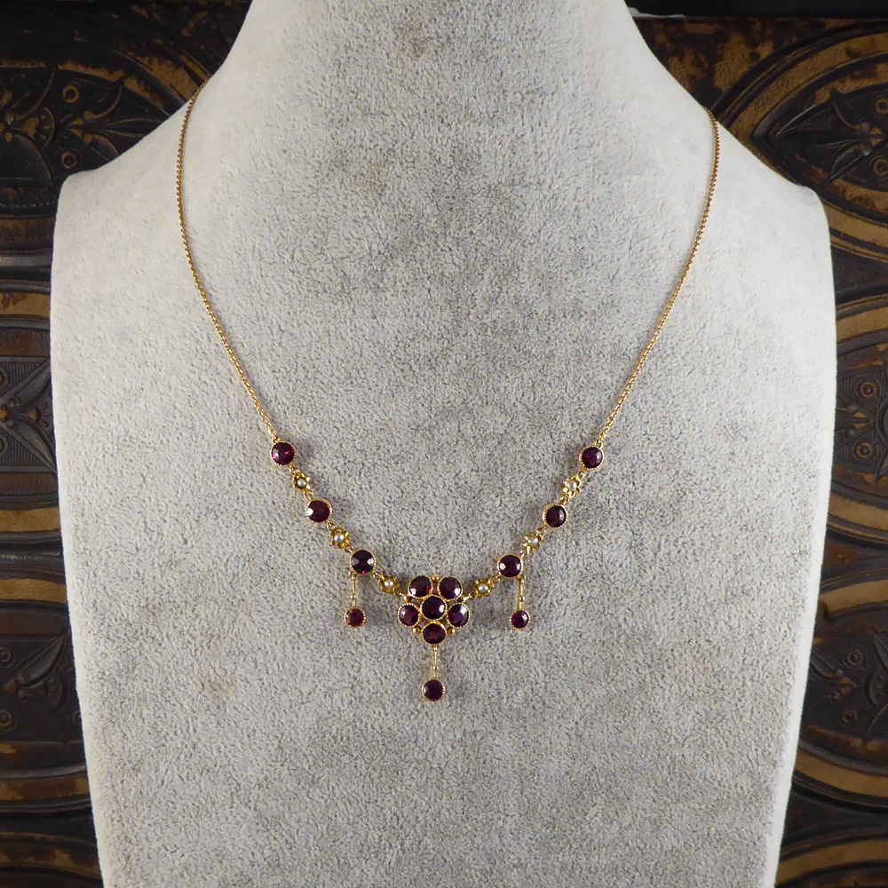 Edwardian Murrle Bennett Garnet and Pearl Necklace — Jewellery Discovery