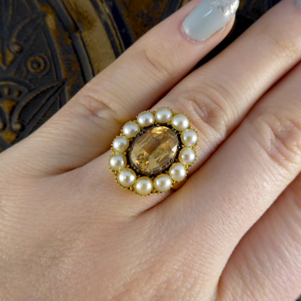 Victorian Orange Topaz and Pearl Ring