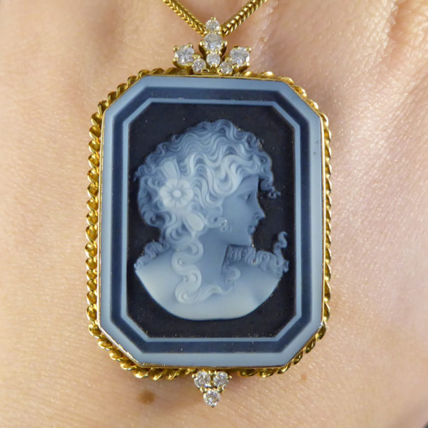Diamond and Banded Agate Portrait Pendant