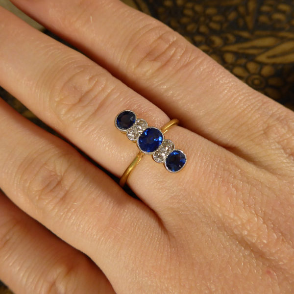 Edwardian Sapphire and Diamond Vertical Five Stone Ring