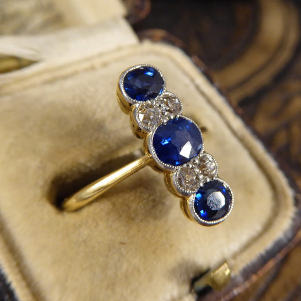 Edwardian Sapphire and Diamond Vertical Five Stone Ring