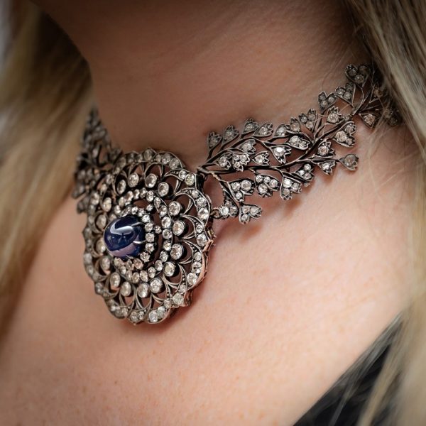 Antique Cabochon Sapphire Diamond Necklace