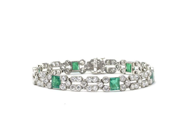 Antique Art Deco Charles Holl Emerald Diamond Platinum Bracelet