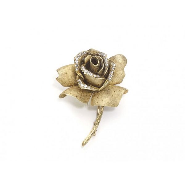 Vintage Mellerio Diamond Gold Rose Brooch, Circa 1960