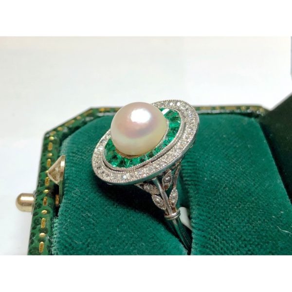 Antique Art Deco Platinum Pearl Emerald & Diamond Target Ring