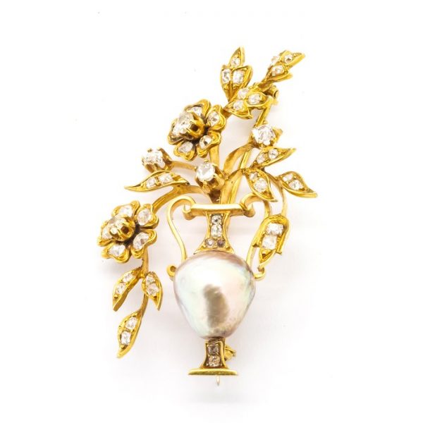 Antique Pearl Diamond Gold Jardiniere Brooch