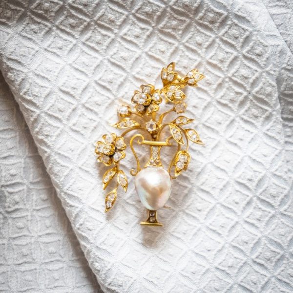 Antique Pearl Diamond Gold Jardiniere Brooch
