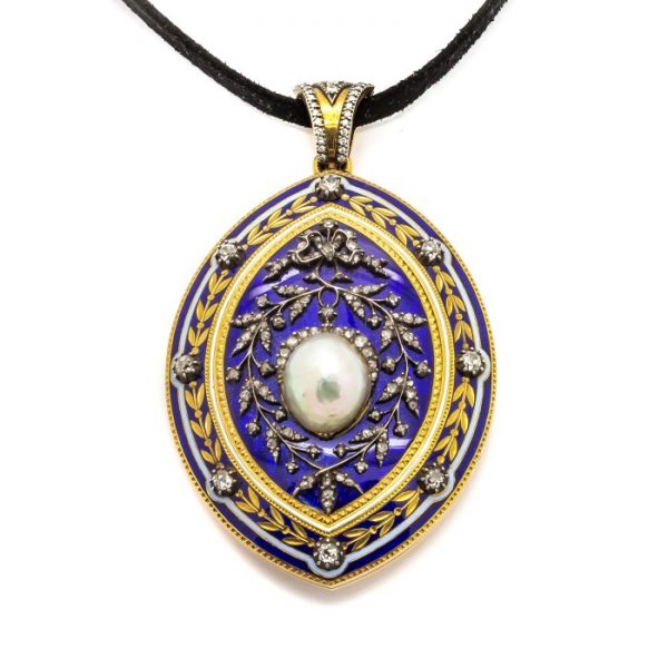 Antique Victorian Blue Enamel Pearl Diamond Pendant