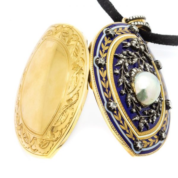 Antique Victorian Blue Enamel Pearl Diamond Pendant