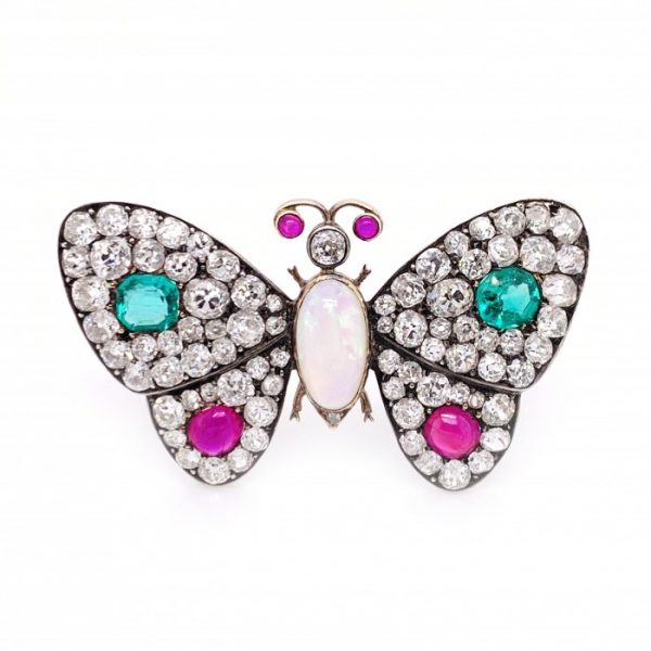Antique Victorian Butterfly Brooch with Diamond, Emeralds, Ruby and Opal