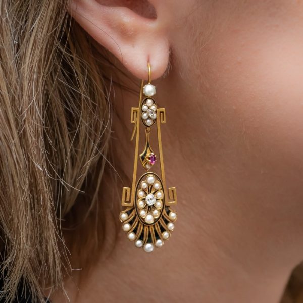 Antique Victorian Pearl Ruby Diamond Gold Earrings