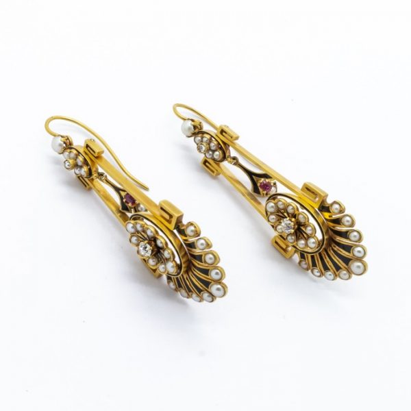 Antique Victorian Pearl Ruby Diamond Gold Earrings
