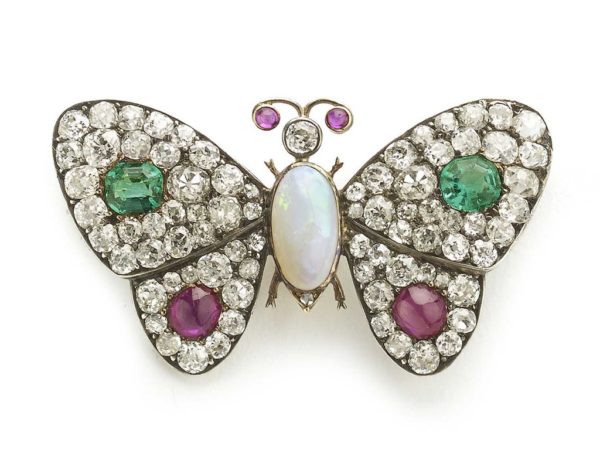 Antique butterfly brooch emerald ruby opal diamond old cut silver and gold