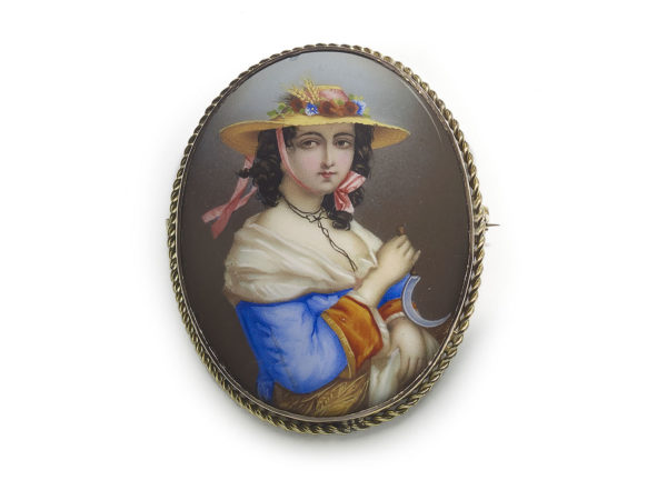 Antique Victorian Hand Painted Swiss Enamel Portrait of a Lady Brooch