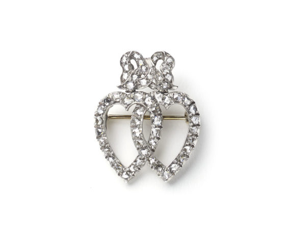 Victorian Diamond Double Heart and Bow Brooch