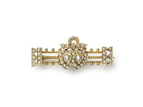 Victorian Seed Pearl Gold Double Heart and Bow Brooch
