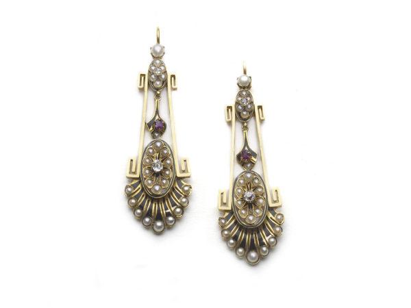 Victorian Pearl Ruby Diamond Gold Earrings
