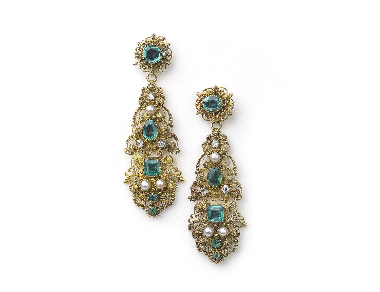 Victorian Emerald Pearl Diamond Gold Filigree Earrings — Jewellery ...