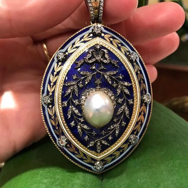 Antique Victorian blue locket pendant natural pearl blue enamel Jewellery Discovery London