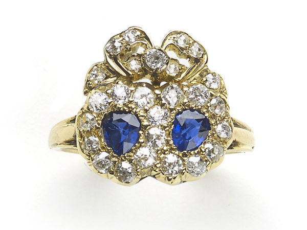 Sapphire and Diamond Double Heart and Cluster Ring