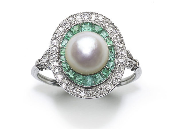 Antique Art Deco Platinum Pearl Emerald & Diamond Target Ring