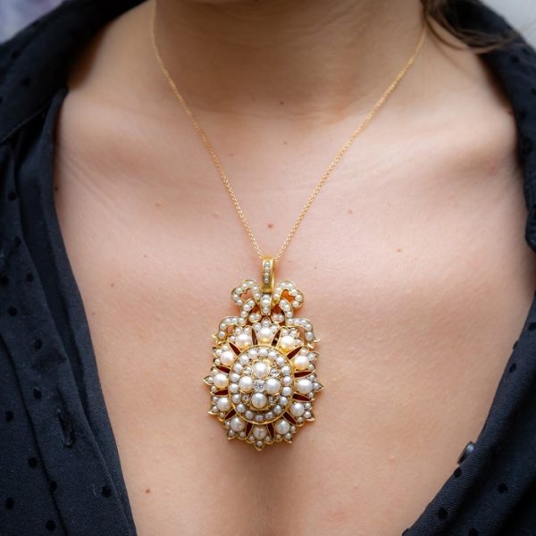 On Model Large Antique Victorian Pearl and Diamond Pendant