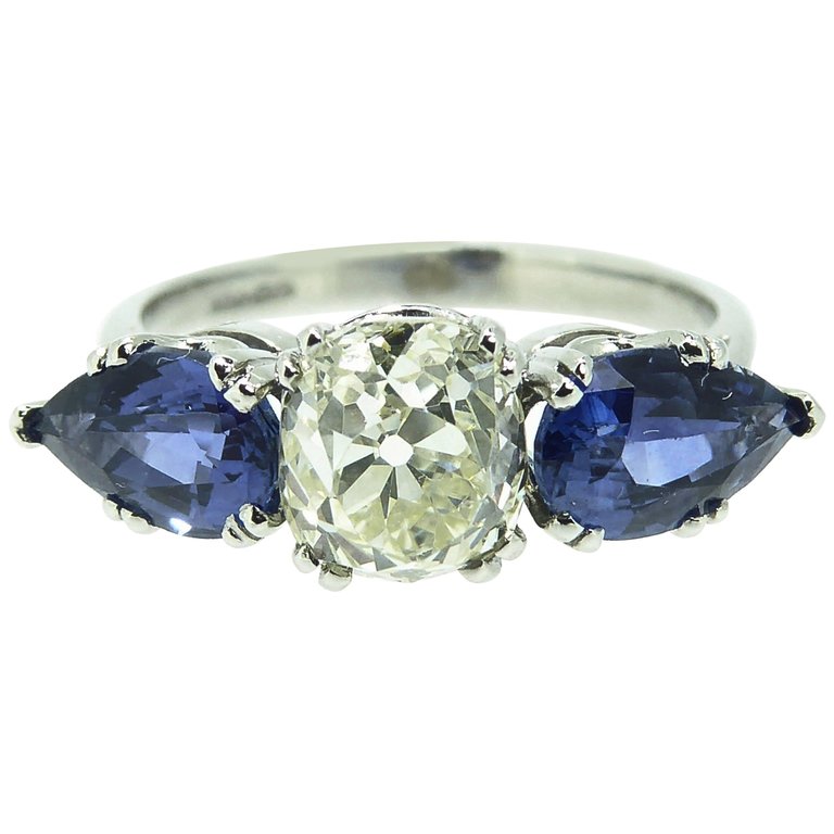 Old Cushion Cut Diamond & Sapphire Three Stone Ring — Jewellery Discovery