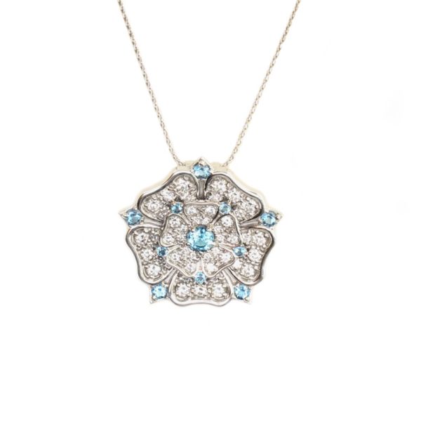 18ct White Gold Aquamarine & Diamond Yorkshire Rose Pendant